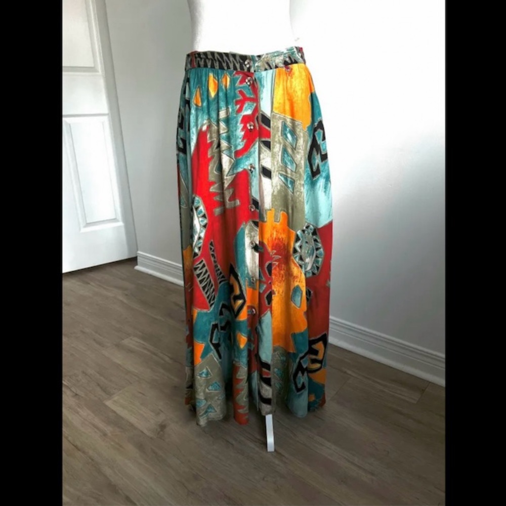 🇨🇦 Vintage 90s Abstract Art Midi Skirt – Teal Red Orange• Suttles & Seawinds - Picture 10 of 16